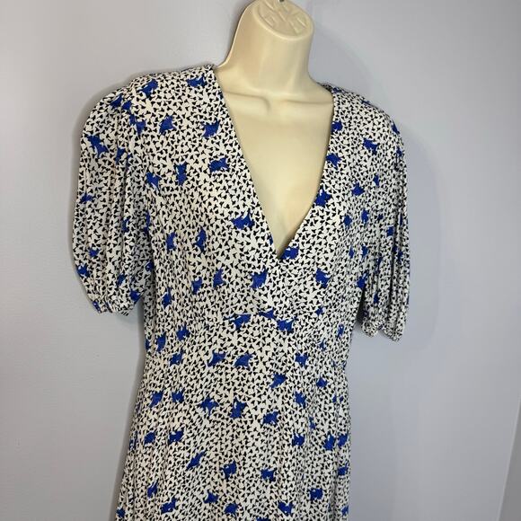 Maje Ripensee Blue Floral Print V Neck Dress Puff Sleeve Romantic Women's - Picture 7 of 16